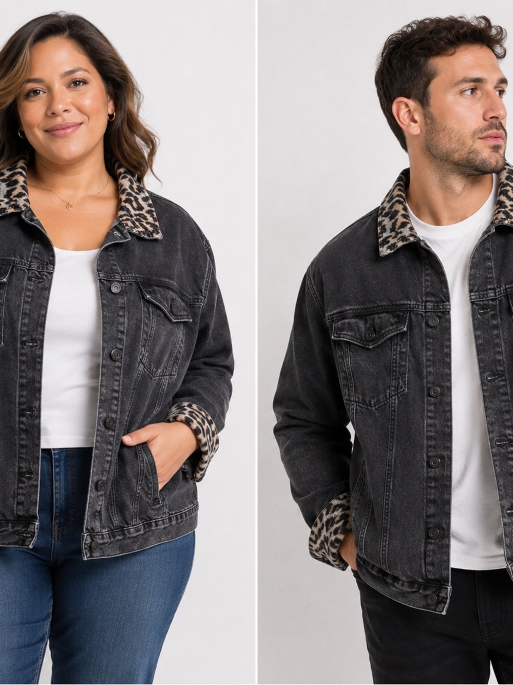 Forever 21 Black UNISEX Washed Denim Jacket with Leopard Trim L‎